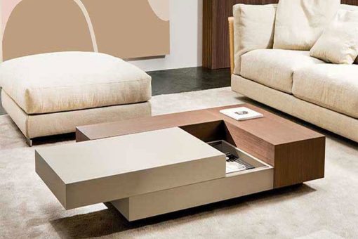 Ambrogio Sala designs a luxurious rectangular coffee table. Lacquered wood fibre. The sliding top hides a storage compartment. Free home delivery.