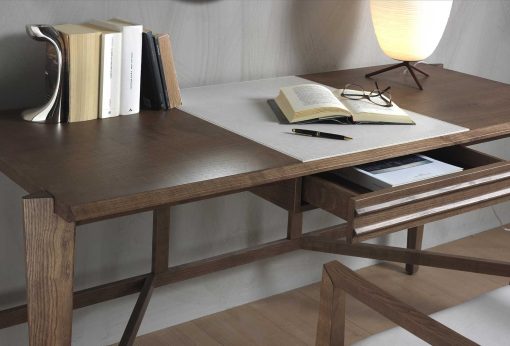 ARAMIS Writing desk with a structure in solid tobacco stained ash and leather inserts.