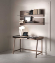 Writing desk with solid walnut-stained ash structure and mocha-colored glass top