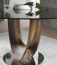 Round table designed by Stefano Bigi. Glass top. Walnut wood base. Available for online shopping. Free delivery.
