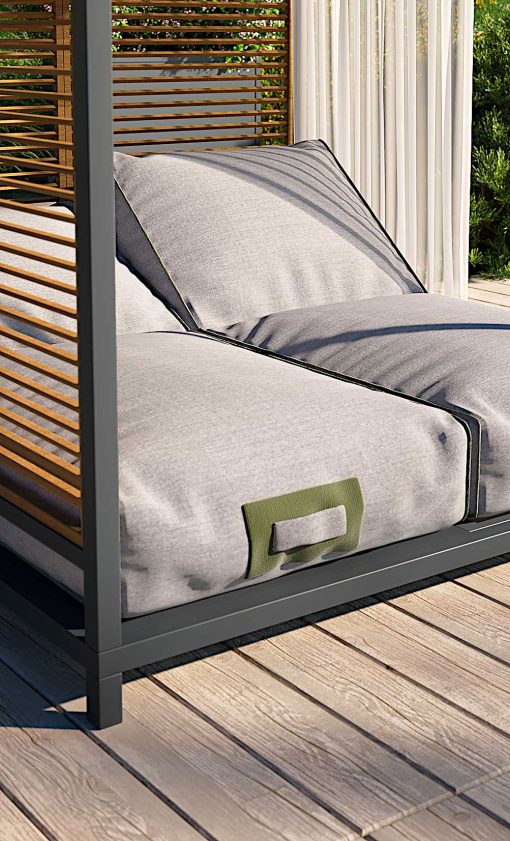 Alcova is an intimate and exclusive outdoor daybed that looks like a large luxurious canopy bed with 2 independent reclining mattresses. Free home delivery.