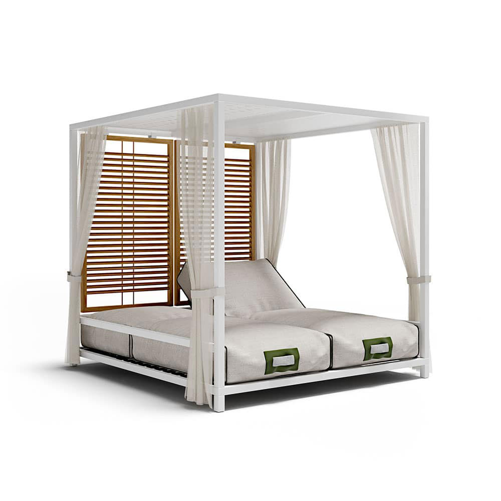 Outdoor daybed with filtering ceiling for a perfect twilight. Aluminium frame, Sunbrella and Tempotest coverings, reclining backrests. Free home delivery.