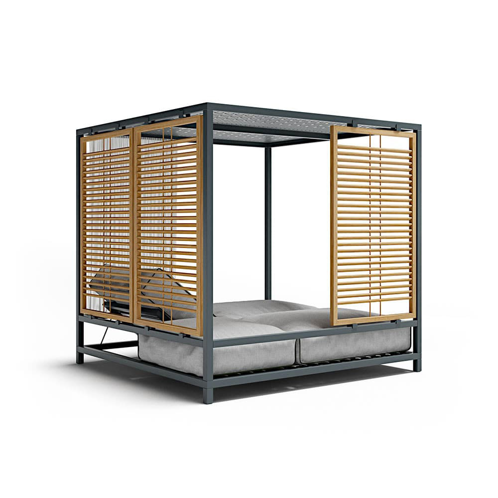 Alcova is an intimate and exclusive outdoor daybed that looks like a large luxurious canopy bed with 2 independent reclining mattresses. Free home delivery.