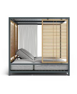 Alcova, un day bed d'extérieur comme un luxueux lit à baldaquin. Les 2 matelas sont indépendants avec dossier réglable. Livraison à domicile offerte.