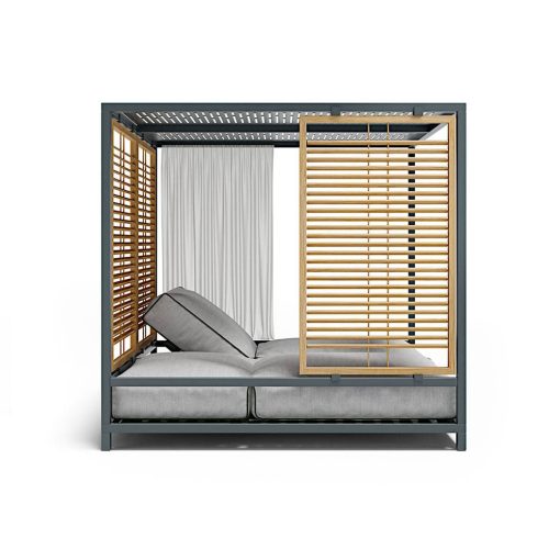 Alcova, un day bed d'extérieur comme un luxueux lit à baldaquin. Les 2 matelas sont indépendants avec dossier réglable. Livraison à domicile offerte.