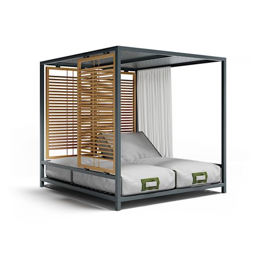 Alcova is an intimate and exclusive outdoor daybed that looks like a large luxurious canopy bed with 2 independent reclining mattresses. Free home delivery.