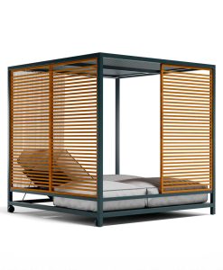 Day bed da esterno in alluminio di grandi dimensioni. 2 materassi reclinabili, soffitto filtrante. Pannelli modulari in teak, tende laterali. Vendita online