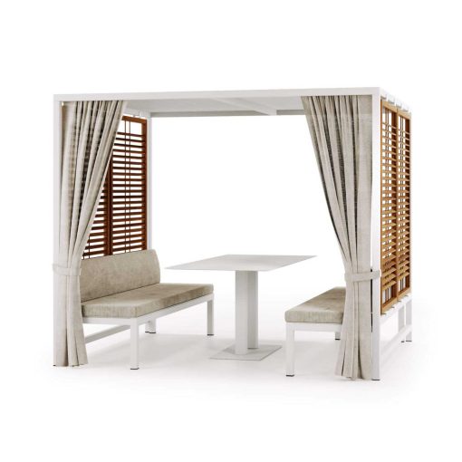 Struttura in alluminio e panche imbottite. Una sala da pranzo da esterno con gazebo completa, per arredare con gusto e originalità gli spazi outdoor.