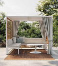 Outdoor lounge set made up of a gazebo structure and two padded benches. Coffee table included. Shop online for the best luxurious outdoor furniture.