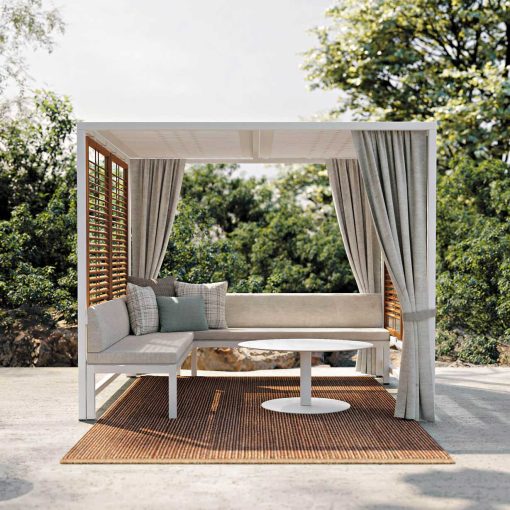 Outdoor lounge set made up of a gazebo structure and two padded benches. Coffee table included. Shop online for the best luxurious outdoor furniture.