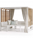 Outdoor lounge set made up of a gazebo structure and two padded benches. Coffee table included. Shop online for the best luxurious outdoor furniture.