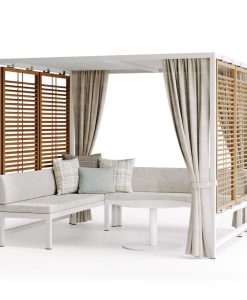 Solido e pratico, Alcova è un salone lounge da esterno con gazebo dotato di due panche imbottite a elle. Articoli per il giardino lussuosi e raffinati.