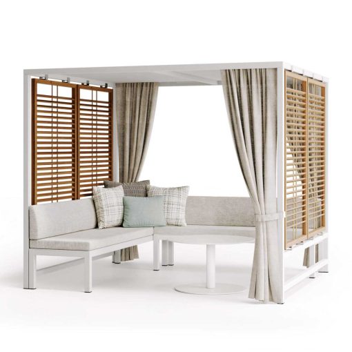 Outdoor lounge set made up of a gazebo structure and two padded benches. Coffee table included. Shop online for the best luxurious outdoor furniture.