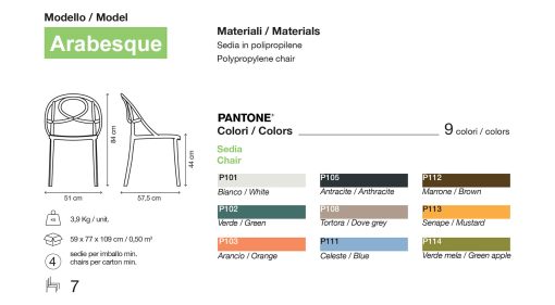 Arabesque est une chaise de salle à manger en polypropylène qui attire les regards grace à design raffiné et intrigant. Achat en ligne chaises haut de gamme.