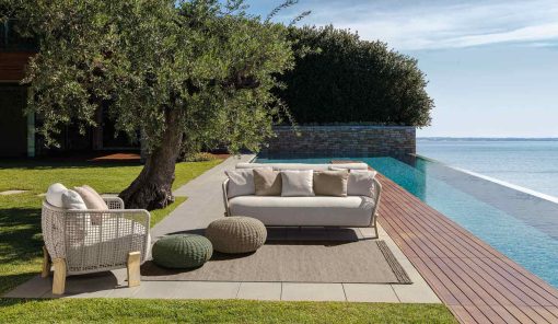 Luxurious outdoor lounge set designed by Ludovica & Roberto Palomba with Accoya natural wood and beige upholstery. Online shopping and free home delivery.