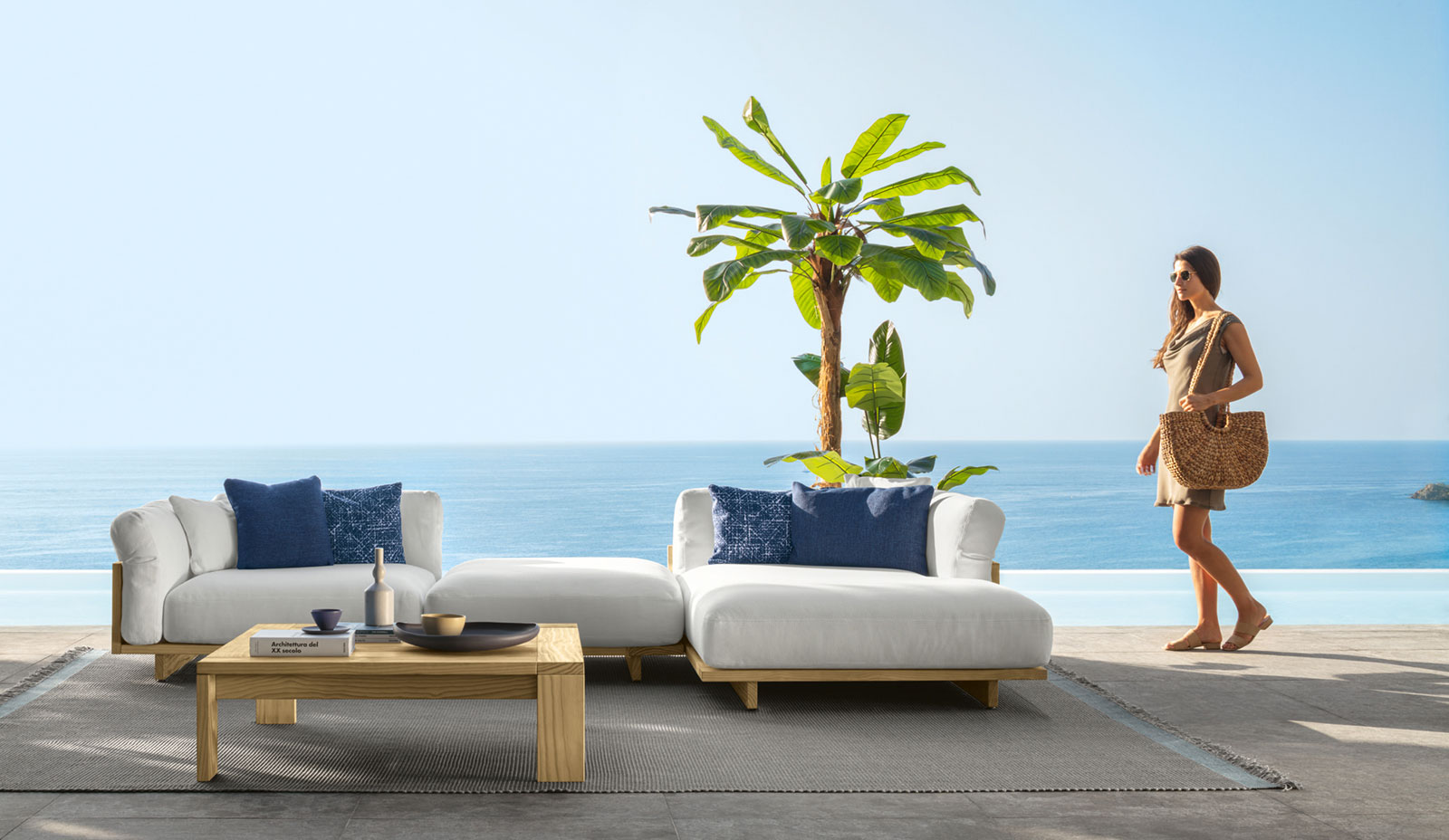 Outdoor lounge in Accoya wood. Design Ludovica & Roberto Palomba. High-quality white fabric coating and quick dry foam. Online shopping and free delivery.