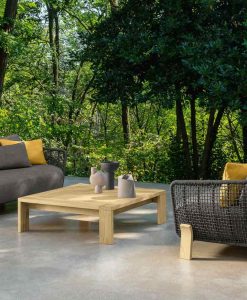 Arco outdoor lounge in Accoya with grey upholstery and Ludovica + Roberto Palomba design. Comfortable and luxurious furniture for your prestigious house.