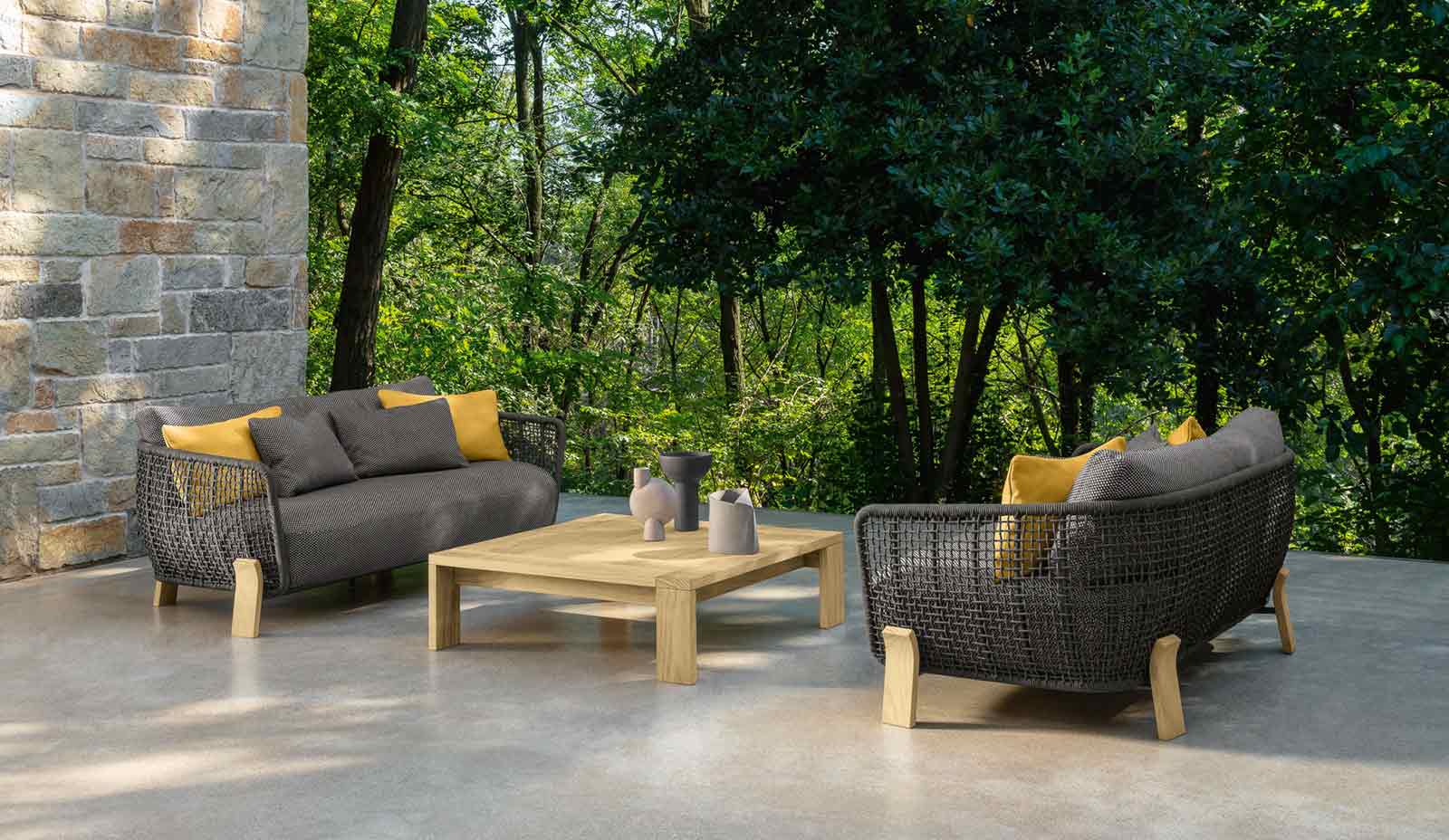 Arco outdoor lounge in Accoya with grey upholstery and Ludovica + Roberto Palomba design. Comfortable and luxurious furniture for your prestigious house.