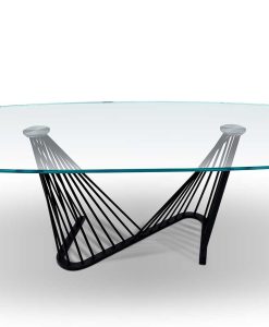 Meublez votre salon ou votre bureau avec la table fixe en verre Harp. Luxueux plan en verre transparent et pied original et inédit. Livraison gratuite.