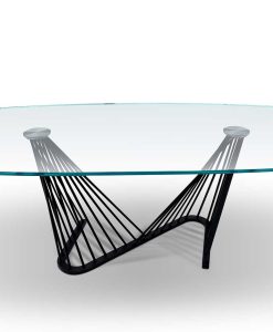 Harp shaped, this oval fixed table has a metal base and extra clear glass top. Perfect in a refined living room or in a prestigious office. Free delivery.