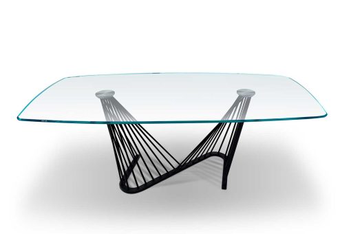 Meublez votre salon ou votre bureau avec la table fixe en verre Harp. Luxueux plan en verre transparent et pied original et inédit. Livraison gratuite.