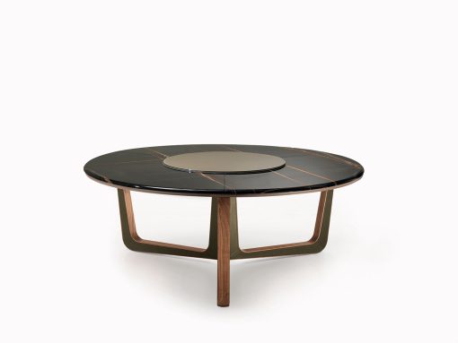 Table ronde de repas made in italy. Plan en marbre et pied en bois et cuir. Vente en ligne de meubles design haut de gamme avec livraison gratuite.