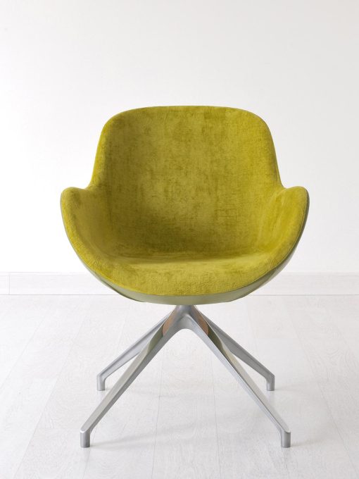 Swivel armchair with shell shape. Matching velvet and leather for luxurious covering. Metal 4-feet base. Design by Edi & Paolo Ciani. Free shipment.