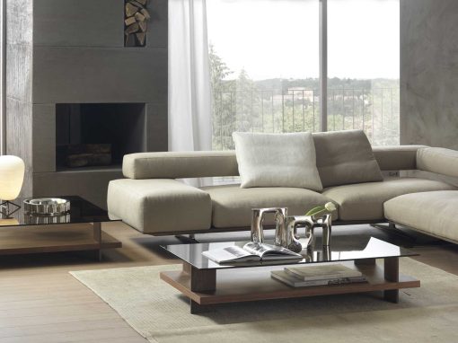 Coffee table in canaletto walnut and bronzed glass.