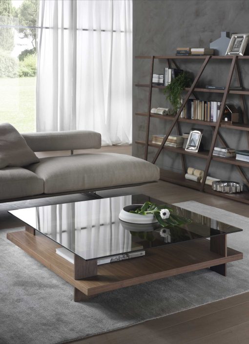 Coffee table in canaletto walnut and bronzed glass.