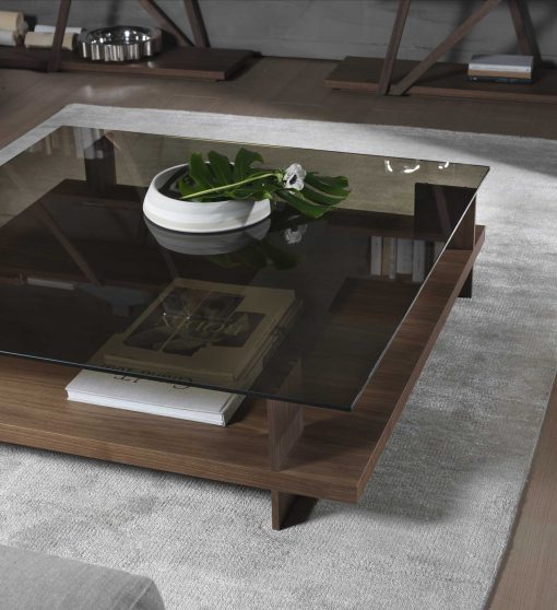 Coffee table in canaletto walnut and bronzed glass.