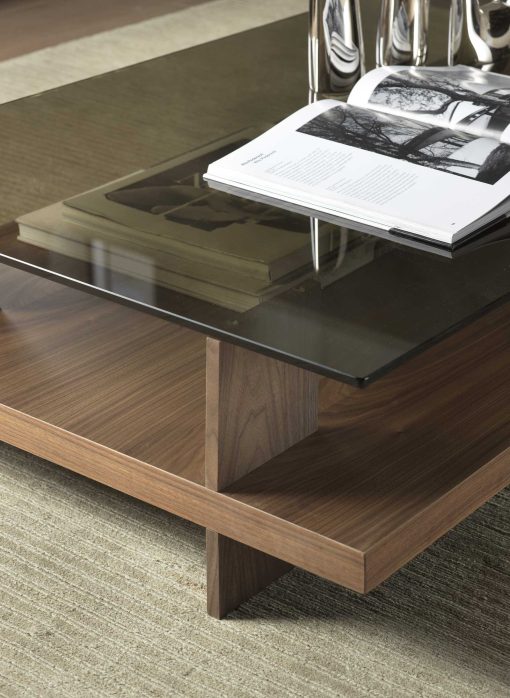Coffee table in canaletto walnut and bronzed glass.