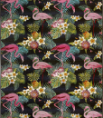 Pink flamingos, flowers and leaves on a black background. A rectangular outdoor rug for the most refined gardens, terraces or poolside spaces. Free delivery