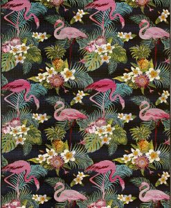 Pink flamingos, flowers and leaves on a black background. A rectangular outdoor rug for the most refined gardens, terraces or poolside spaces. Free delivery