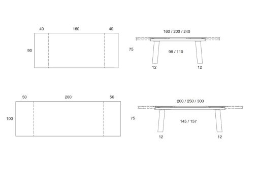 Ceram table à rallonges - schéma des dimensions