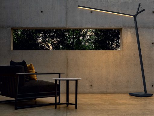 Outdoor arc lamp designed by Marco Acerbis. Graphite grey colour. Stainless steel and LED light source dimmable through remote control. Free home delivery.