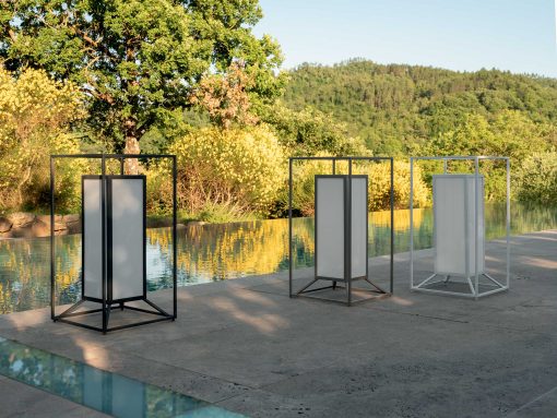 Luxurious outdoor lantern designed by Marco Acerbis. Various sizes, 3 colours, white, dove, graphite grey. Shop for the best garden furniture complements.