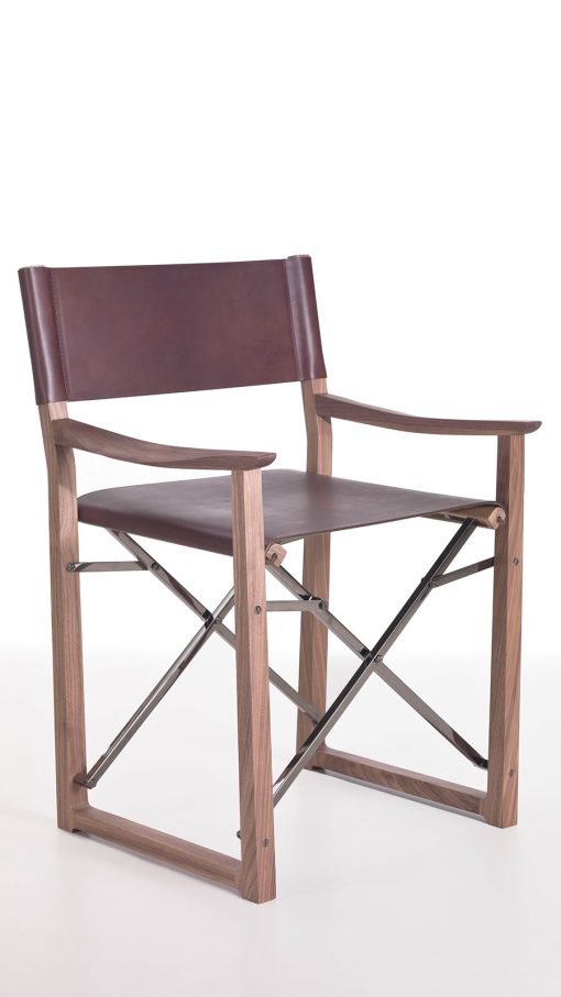 Design by Umberto Asnago. Walnut veneer wood, high quality full grain leather and chrome plated steel with black finish. A luxurious folding director chair.