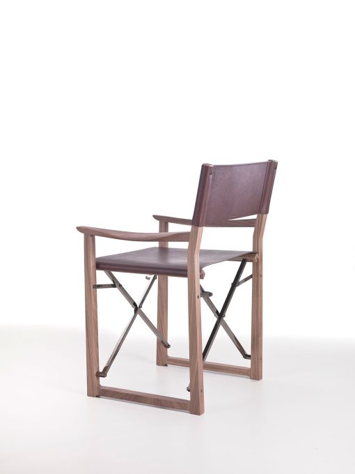 Design by Umberto Asnago. Walnut veneer wood, high quality full grain leather and chrome plated steel with black finish. A luxurious folding director chair.