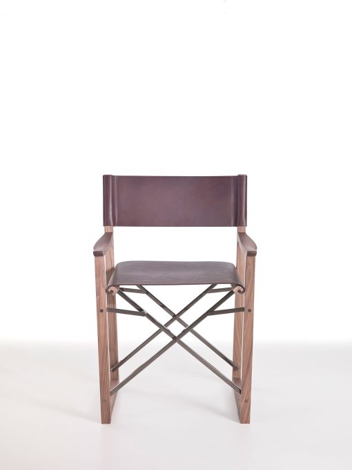 Design by Umberto Asnago. Walnut veneer wood, high quality full grain leather and chrome plated steel with black finish. A luxurious folding director chair.