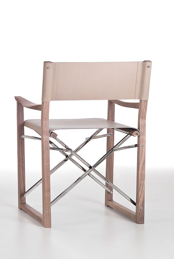Design by Umberto Asnago. Walnut veneer wood, high quality full grain leather and chrome plated steel with black finish. A luxurious folding director chair.
