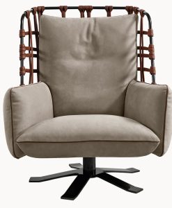 Hand-woven shell and comfortable cushions. Cocoon swivel armchair has feather cushions and frame ropes leather covered. Online shopping, free home delivery.