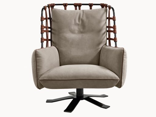 Hand-woven shell and comfortable cushions. Cocoon swivel armchair has feather cushions and frame ropes leather covered. Online shopping, free home delivery.