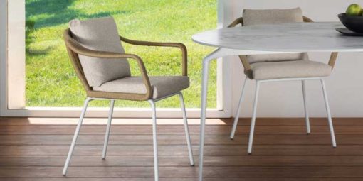 Out of the ordinary outdoor dining armchair. Aluminium frame, rope weave, padded cushions and L+R Palomba design! Online shopping and free home delivery.