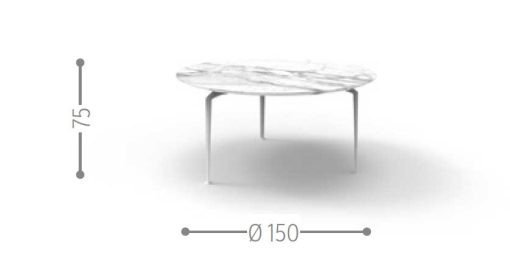 Design L+R Palomba. Tavolo con piano rotondo in marmo calacatta bianco. Piedi in alluminio. Adatto ad un uso esterno. Vendita online e consegna a domicilio.