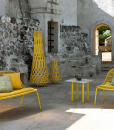 Aluminium frame, intertwined ropes yellow colour. Ludovica + Roberto Palomba design. An original love seat sofa for outdoor use. Home delivery.