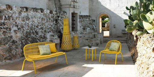 Aluminium frame, intertwined ropes yellow colour. Ludovica + Roberto Palomba design. An original love seat sofa for outdoor use. Home delivery.