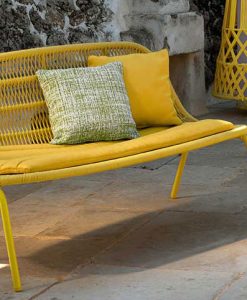 Aluminium frame, intertwined ropes yellow colour. Ludovica + Roberto Palomba design. An original love seat sofa for outdoor use. Home delivery.