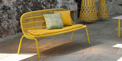 Aluminium frame, intertwined ropes yellow colour. Ludovica + Roberto Palomba design. An original love seat sofa for outdoor use. Home delivery.