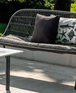 Original grey outdoor love seat designed by L+R Palomba and handcrafted with aluminium and an interweaving of synthetic rope. Online shopping, home delivery