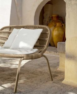 Taupe outdoor love seat by L+R Palomba. Made in Italy grey sofa with beige aluminium frame and sand intertwined ropes. Shop online. Free home delivery.